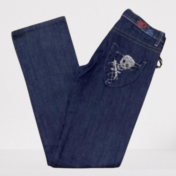 CHICK By NICKY HILTON Straight-Leg Blue Jeans w Rhinestone Skeletons Size 26 - Picture 3 of 8